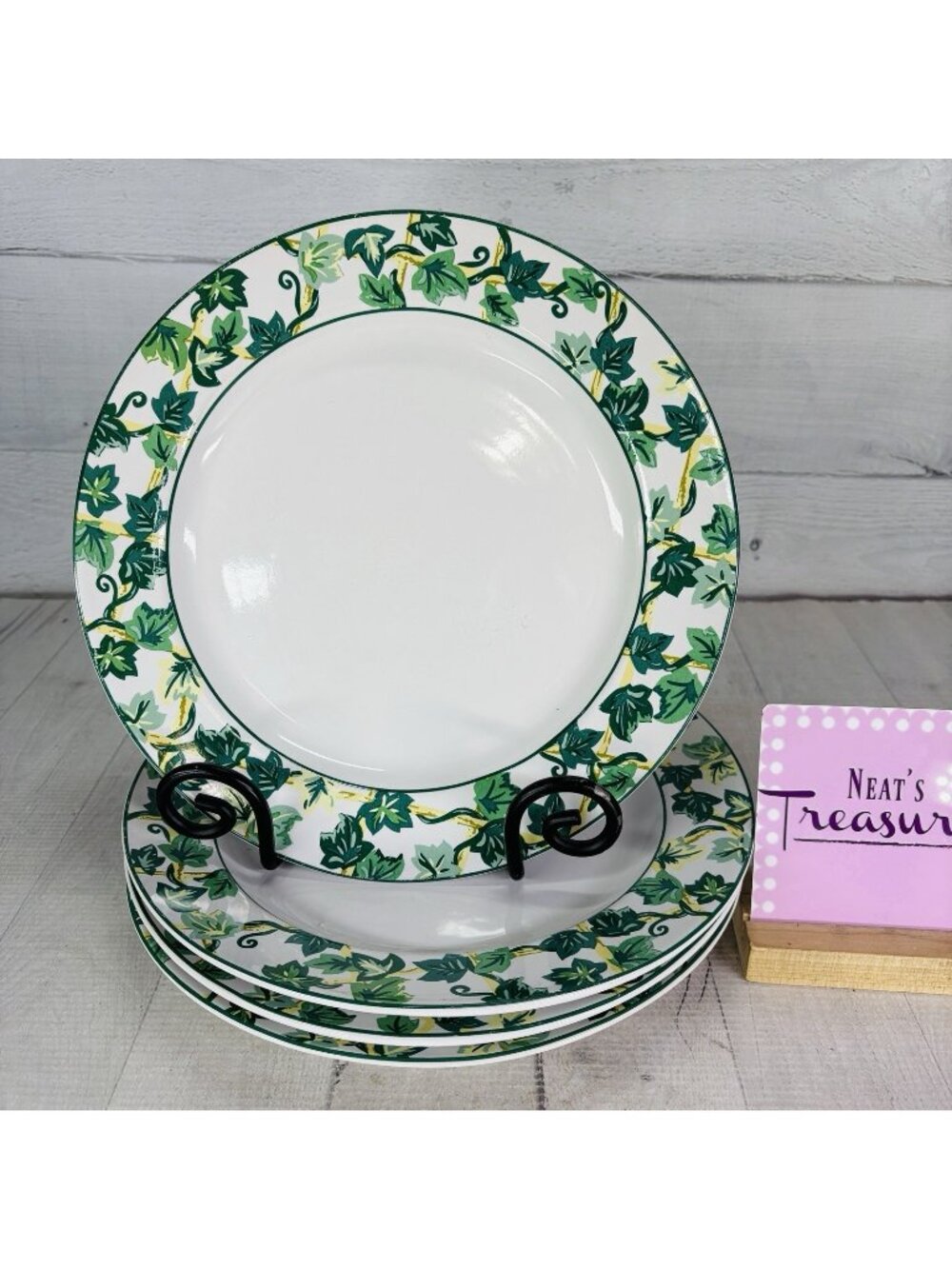 Riviera Van Beers Green IVY TRELLIS Vines White Stoneware Dinner Plates Set of 4